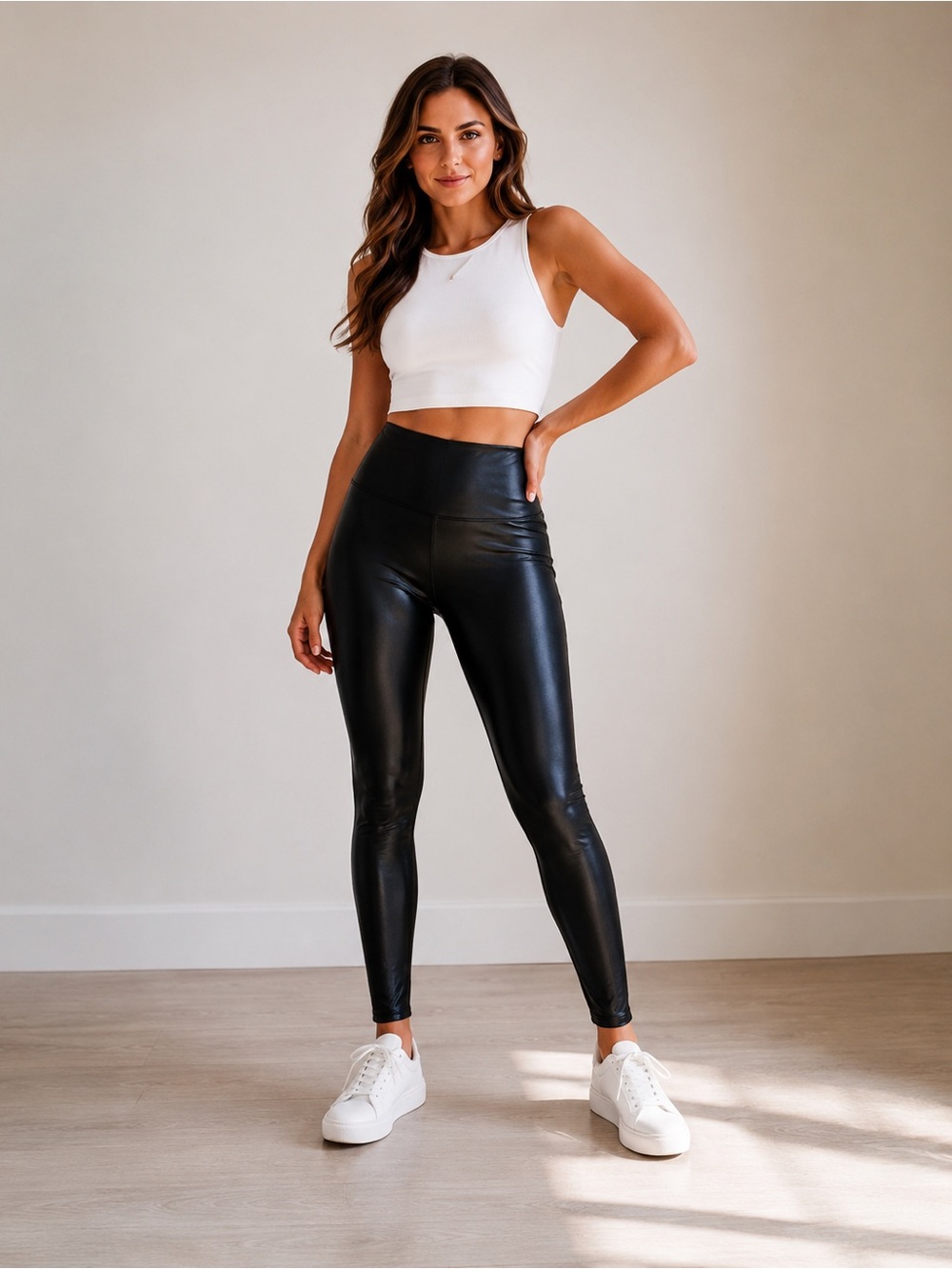 SPANX 2437 Faux Leather Leggings Womens M Black High Rise Shaping Pants